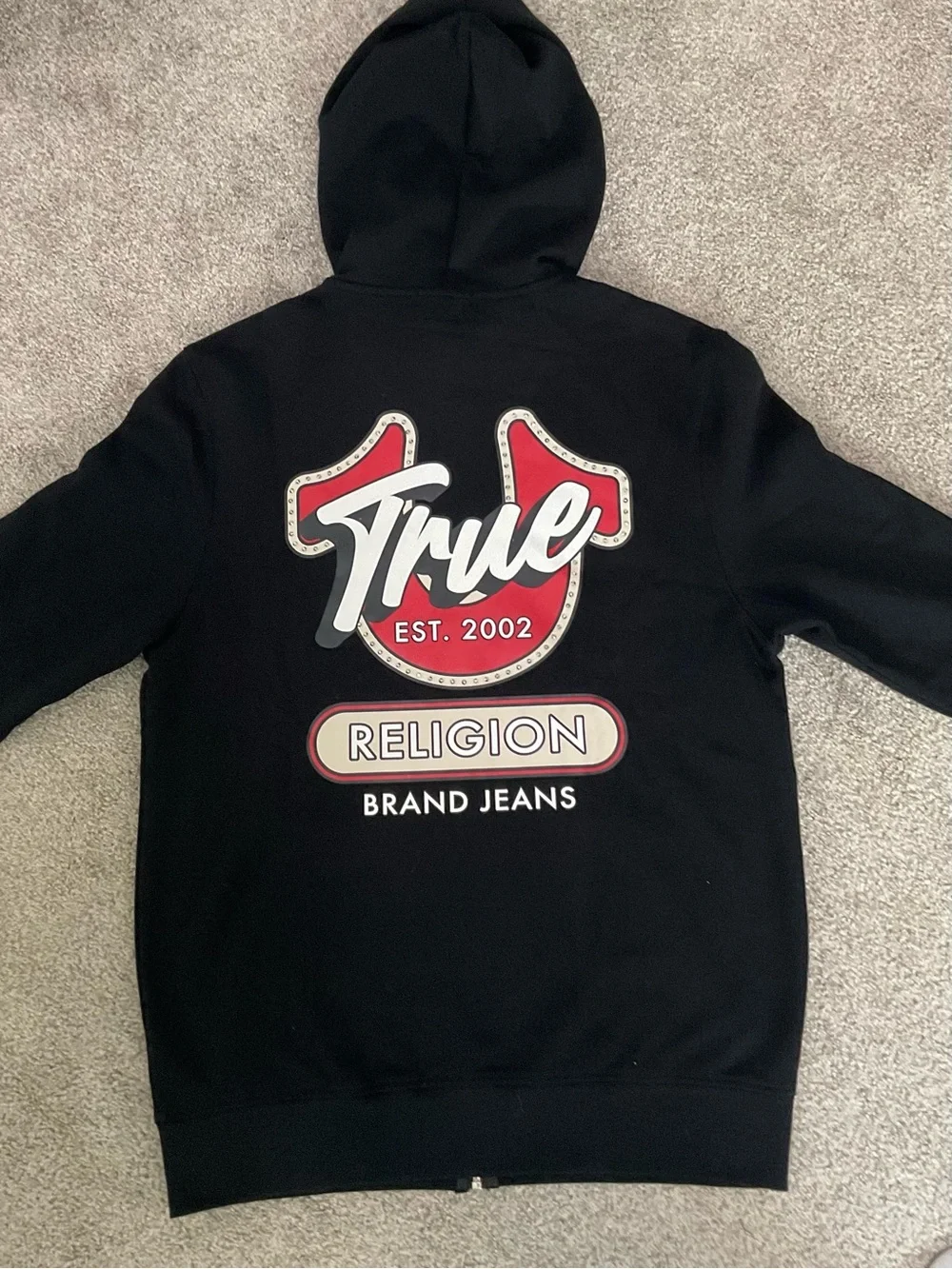 True Religion Black Zip-Up Hoodie with Red Logo Mens M